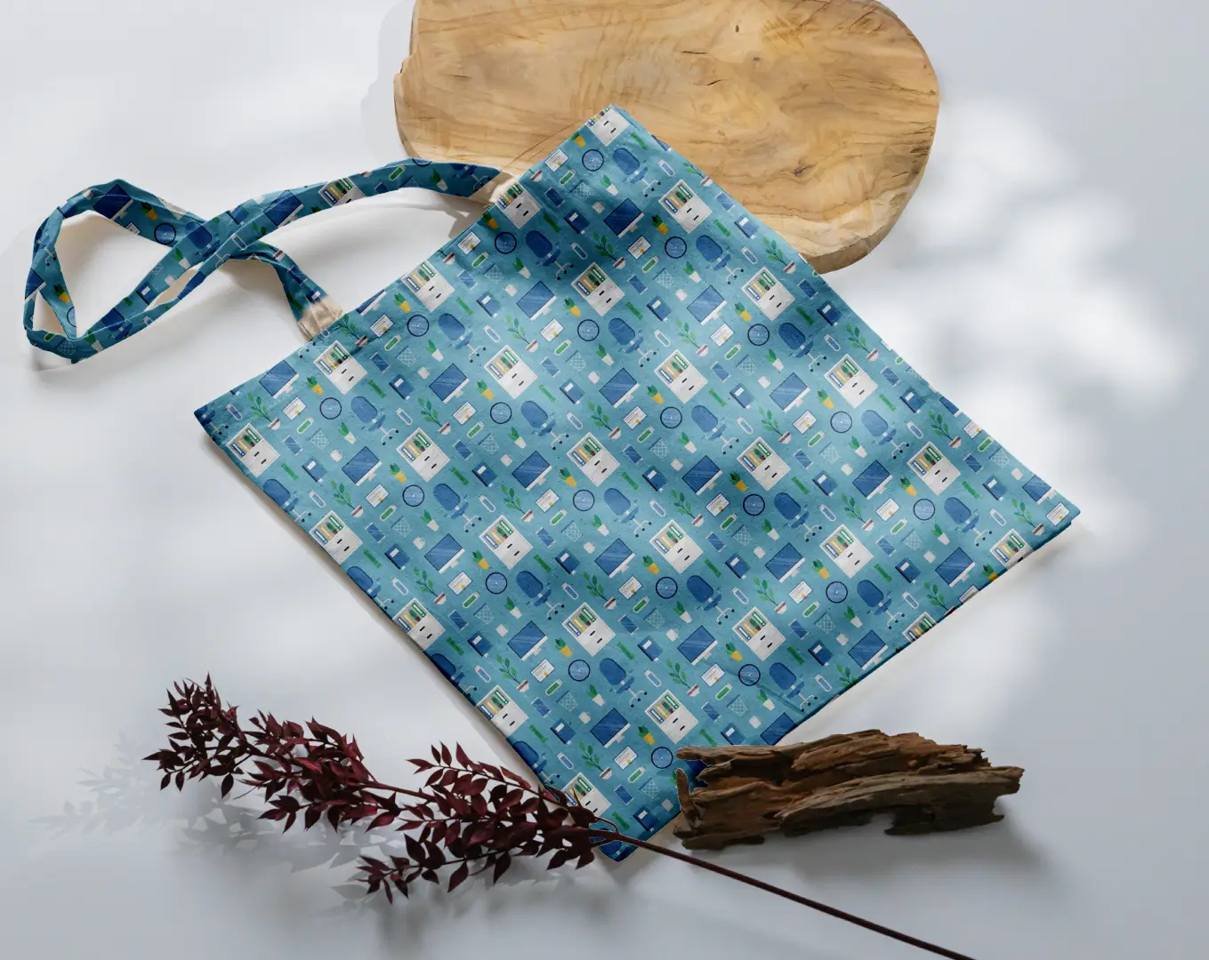 Office Things Printed Petrol Blue Color Canvas Fabric Tote Bag - Image 3