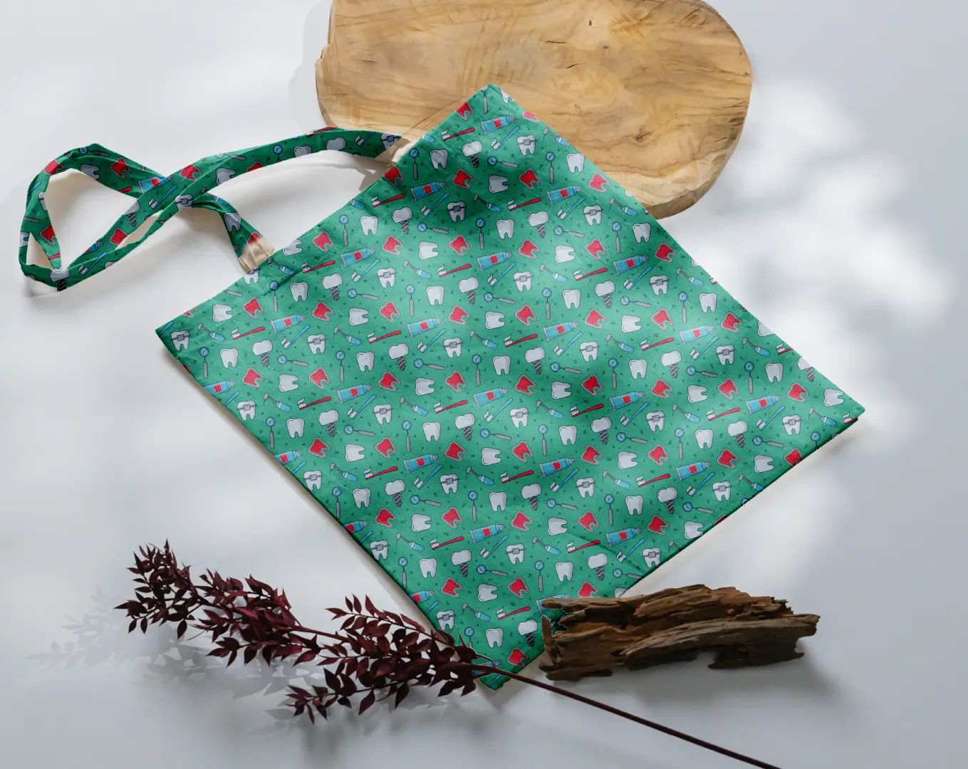 Dentist Doodle Printed Green Canvas Fabric Tote Bag - Image 3