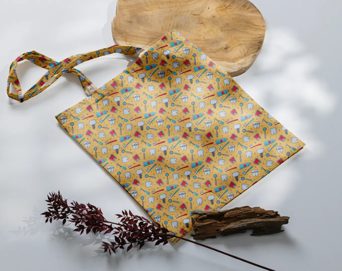 Dentist Doodle Printed Yellow Canvas Fabric Tote Bag - Image 3