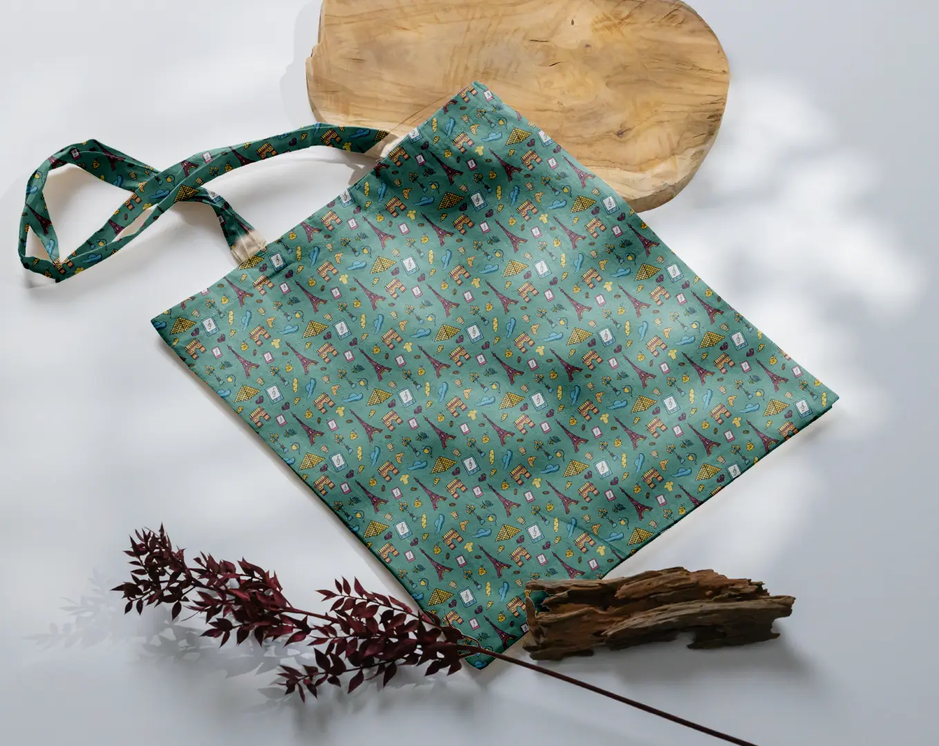 France Doodle Green Canvas Fabric Tote Bag - Image 3