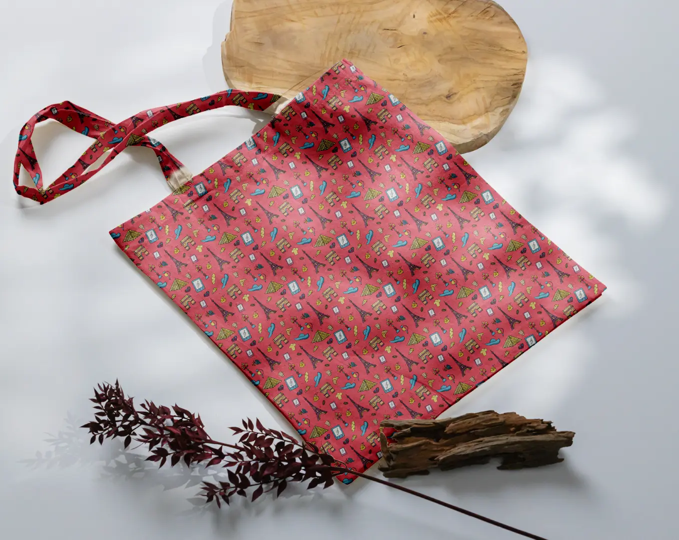 France Doodle Red Canvas Fabric Tote Bag - Image 3