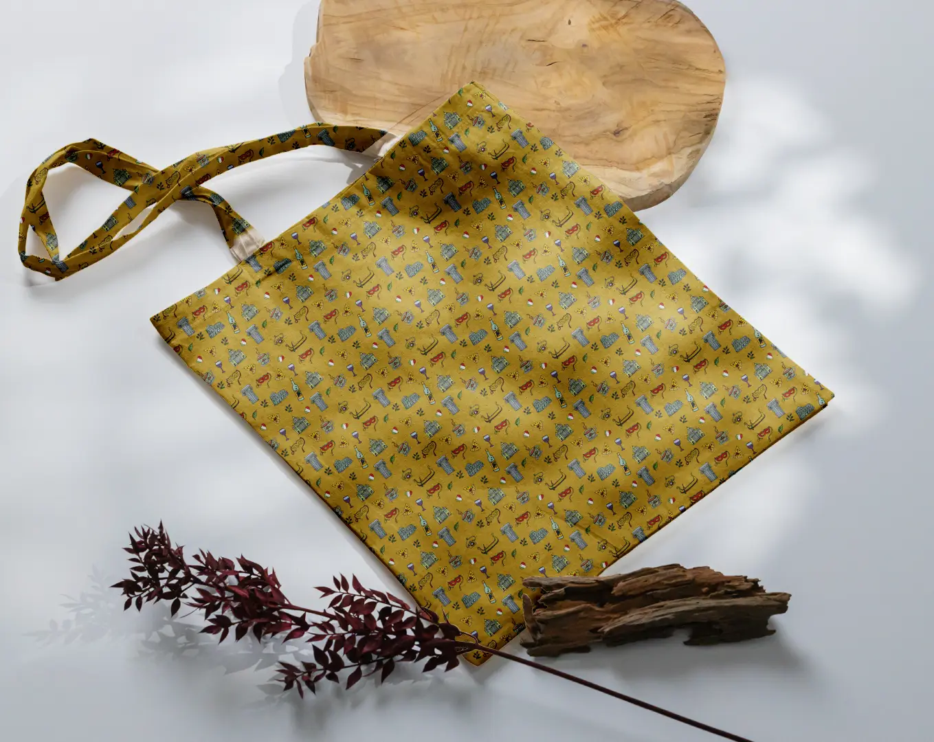 Italy Doodle Mustard Yellow Canvas Fabric Tote Bag - Image 3