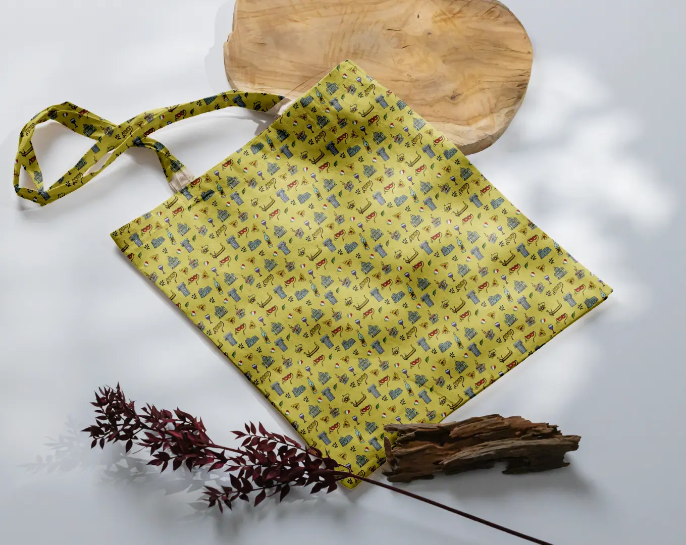 Italy Doodle Lime Yellow Canvas Fabric Tote Bag - Image 3