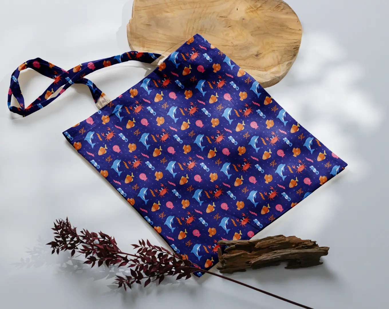 Sea Fishes Printed Purple Canvas Fabric Tote Bag - Image 3