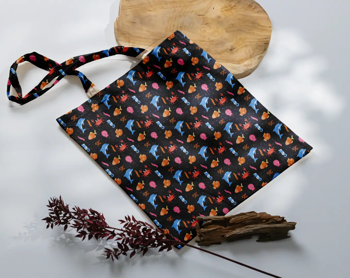 Sea Fishes Printed Black Canvas Fabric Tote Bag - Image 3