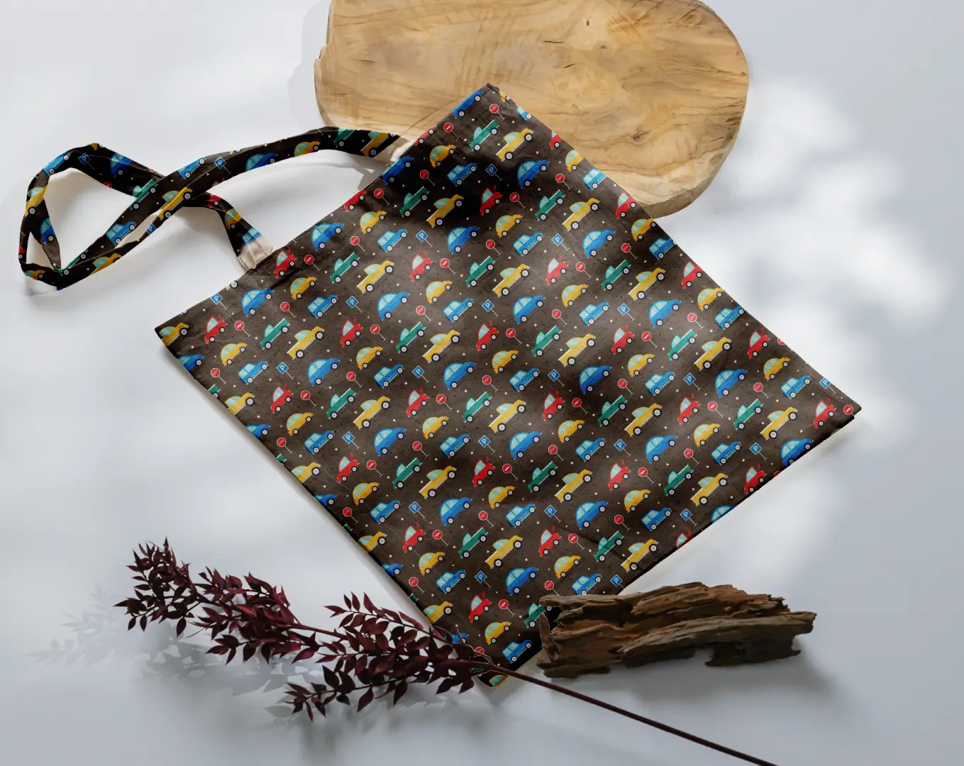 Cars Printed Brown Canvas Fabric Tote Bag - Image 3