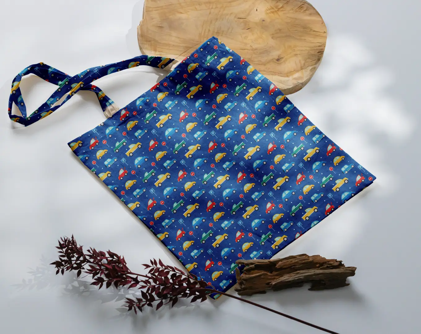 Cars Printed Blue Canvas Fabric Tote Bag - Image 3