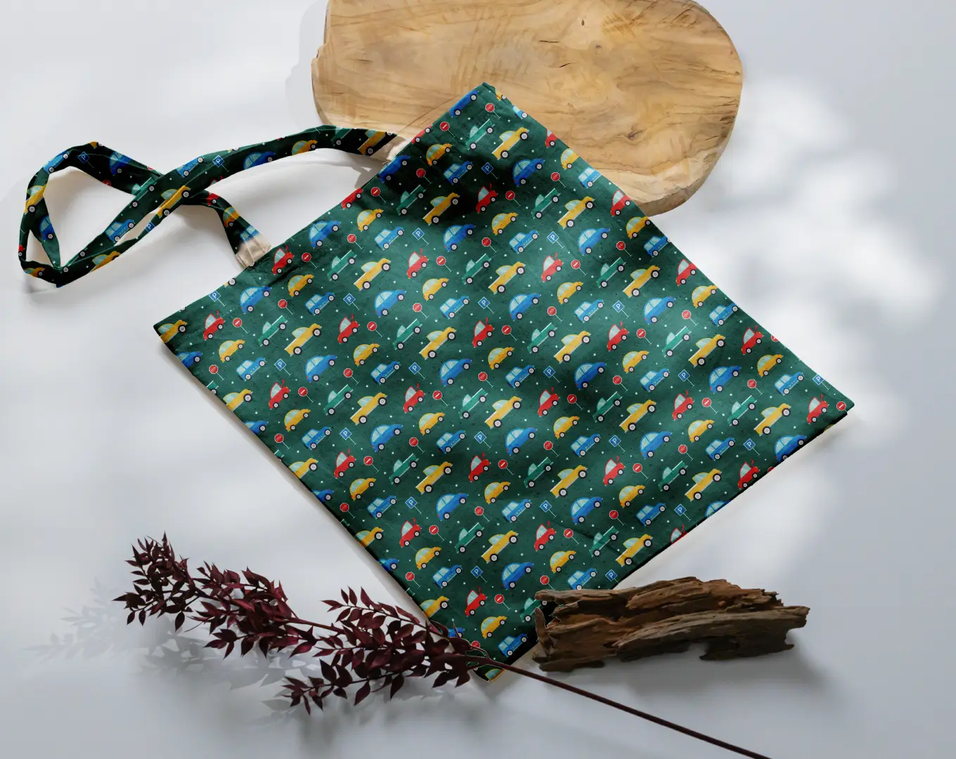 Cars Printed Green Canvas Fabric Tote Bag - Image 3