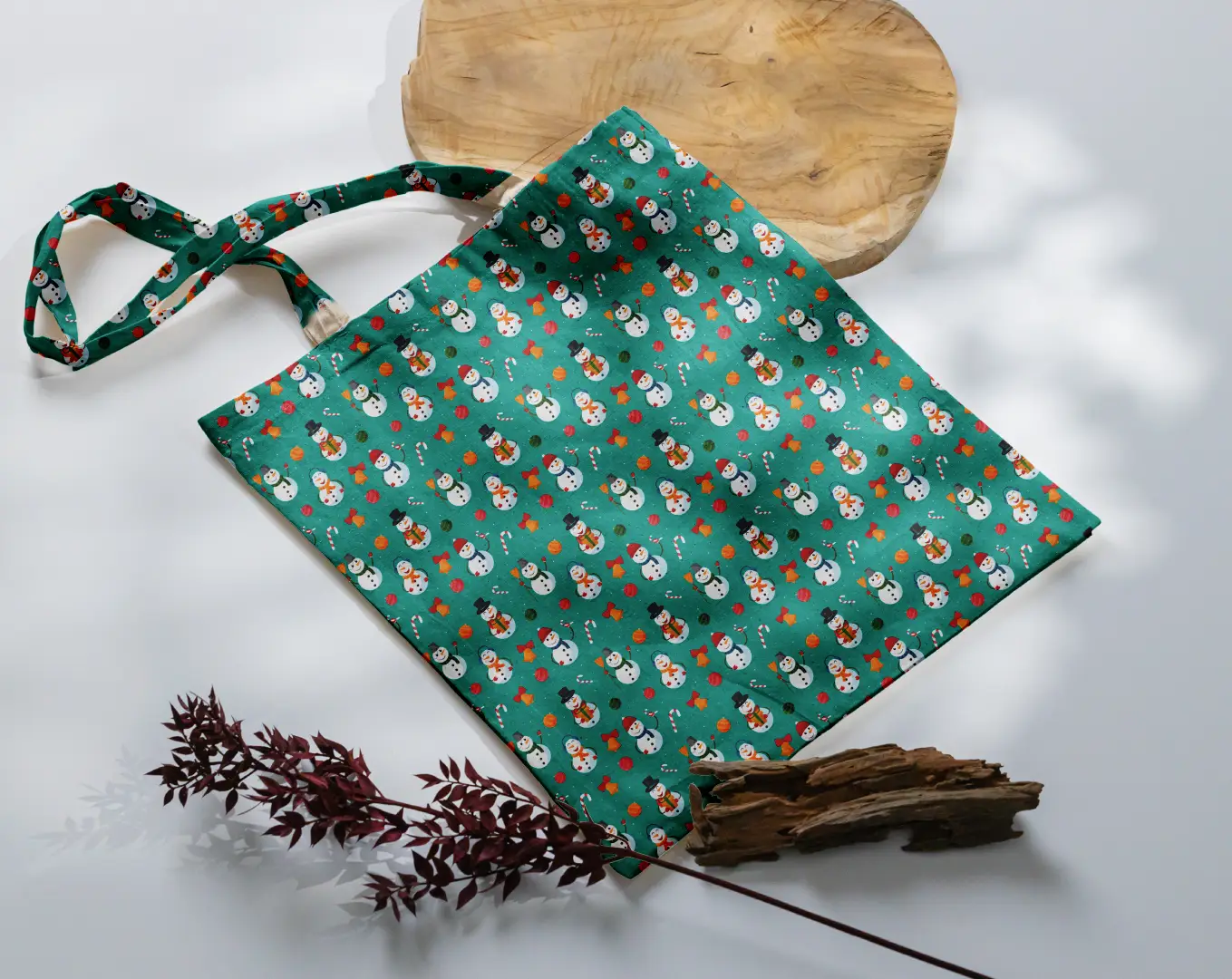 Snow Man Graphic Printed Green Canvas Fabric Tote Bag - Image 3