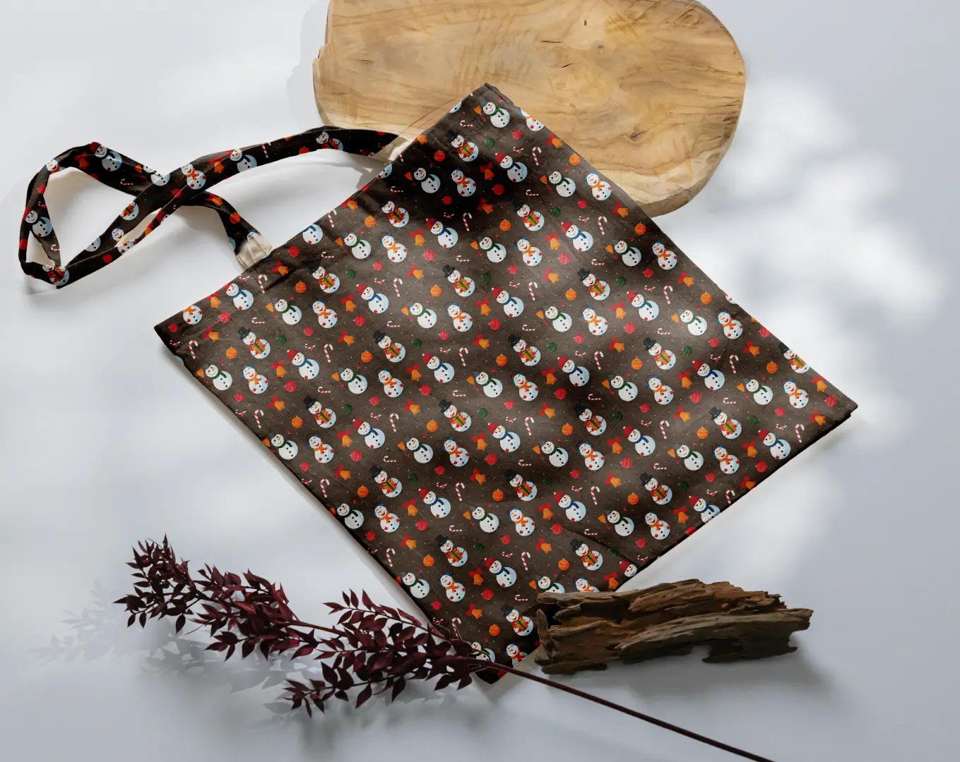 Snow Man Graphic Printed White Canvas Fabric Tote Bag - Image 3