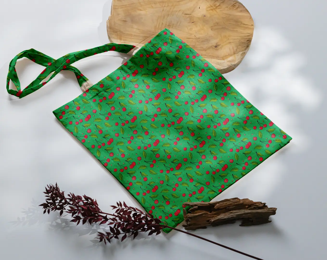 Cheeries Printed Green Color Canvas Fabric Tote Bag - Image 3