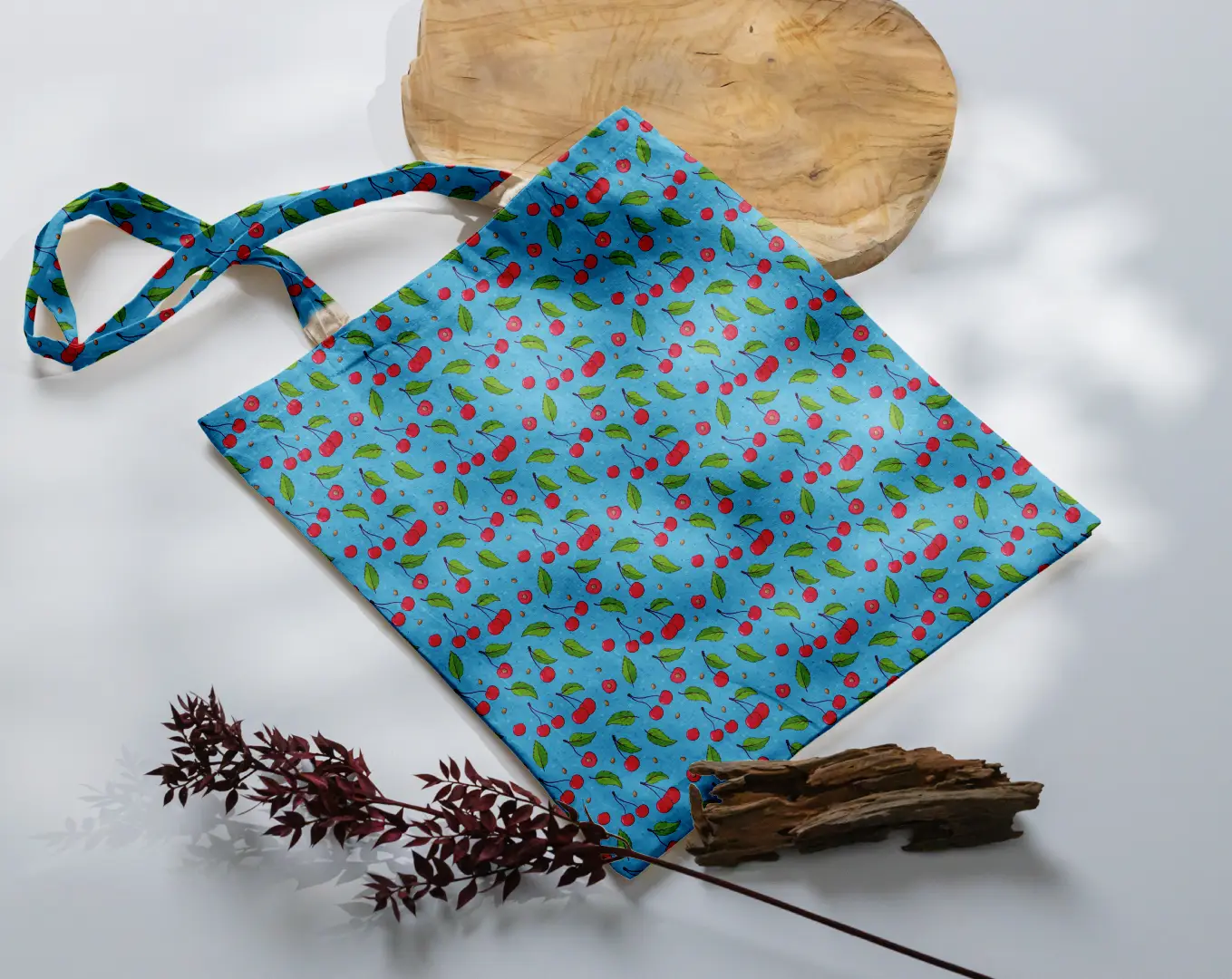 Cheeries Printed Sky Blue Color Canvas Fabric Tote Bag - Image 3