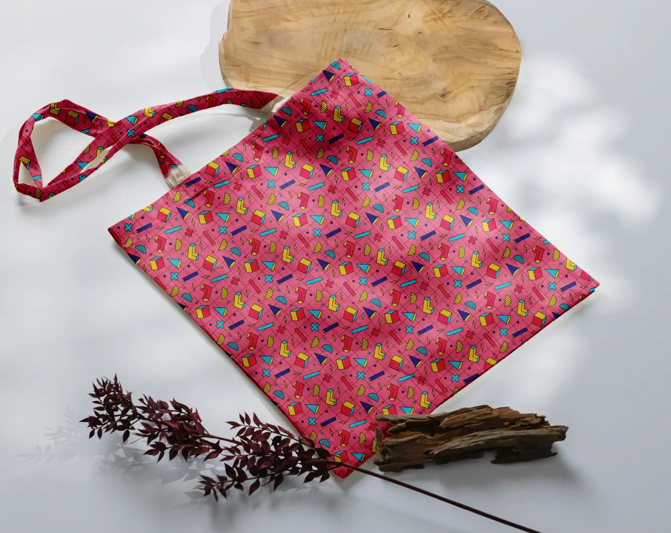 Retro Geometric Shapes Printed Peach Canvas Fabric Tote Bag