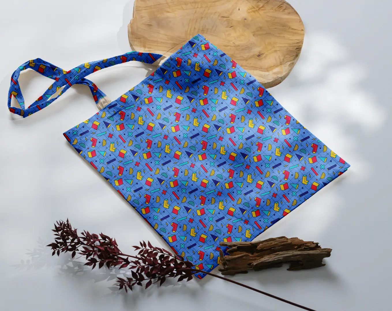 Retro Geometric Shapes Printed Blue Canvas Fabric Tote Bag