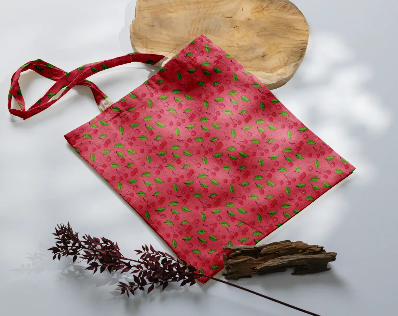 Red Cherry Fruits Printed Canvas Fabric Tote Bag