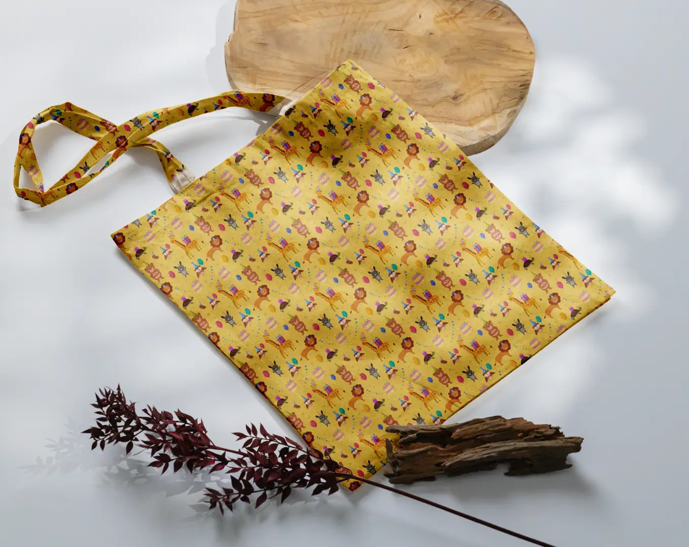 Animal Birthday Party Printed Yellow Canvas Fabric Tote Bag