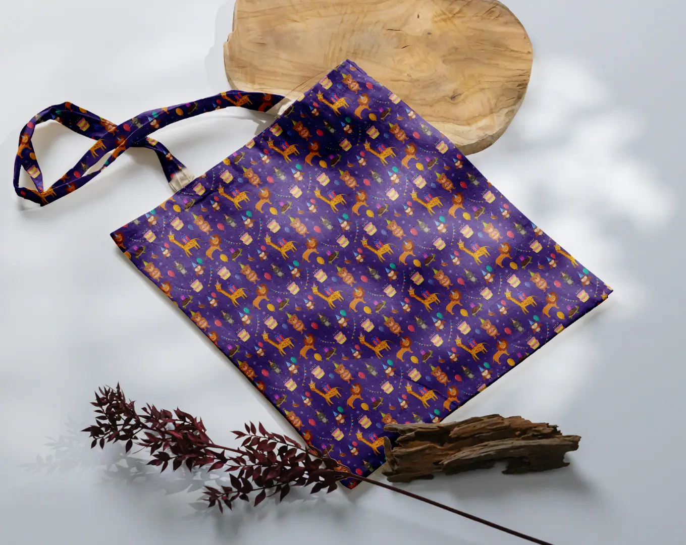Animal Birthday Party Printed Purple Canvas Fabric Tote Bag