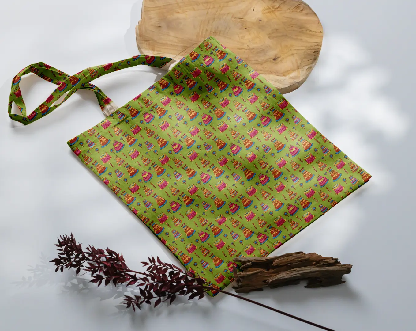 Cakes Candies Printed Green Canvas Fabric Tote Bag