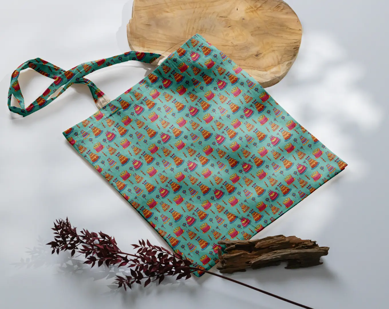 Cakes Candies Printed Mint Canvas Fabric Tote Bag