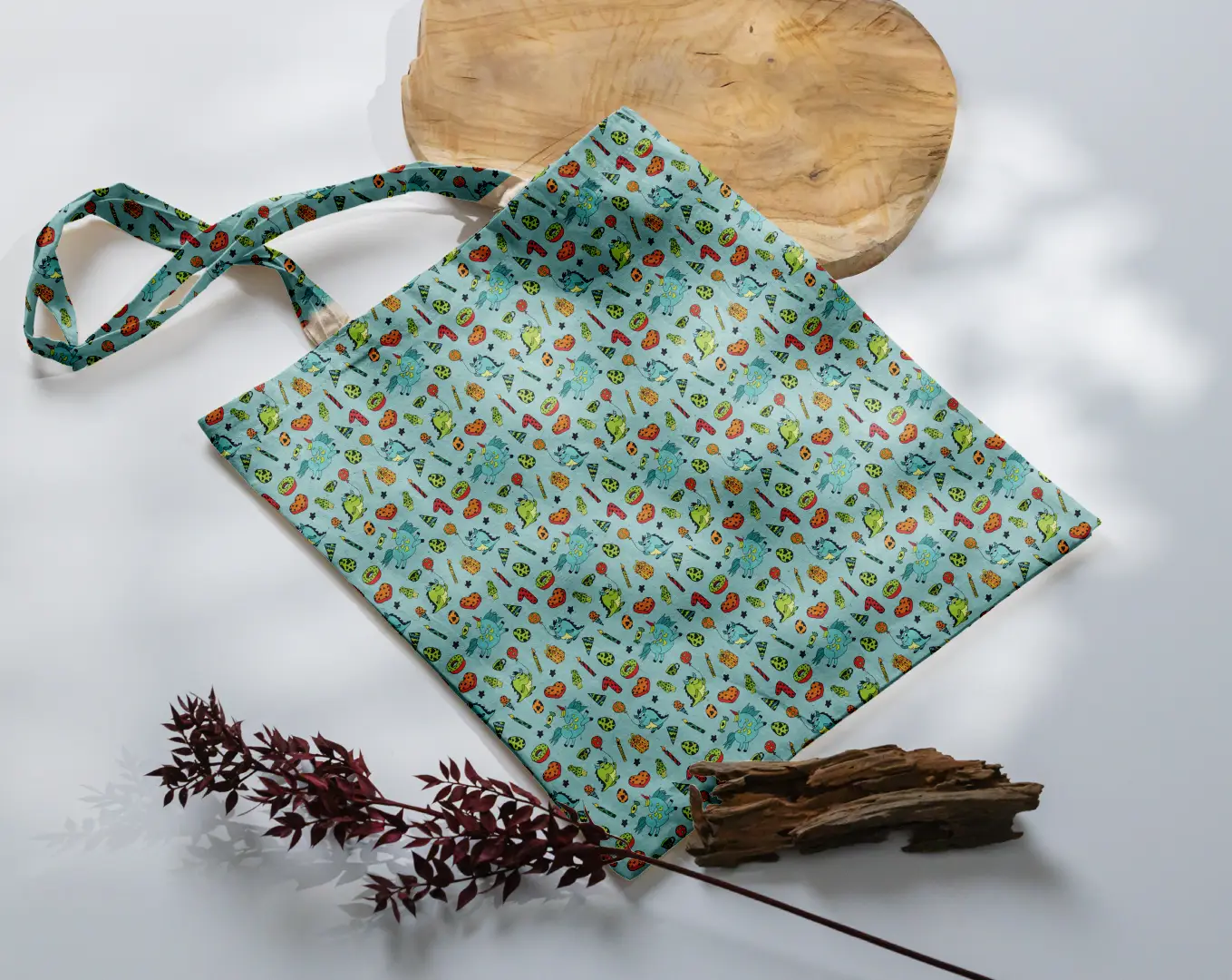 Kids Birthday Printed Mint Color Canvas Fabric Tote Bag