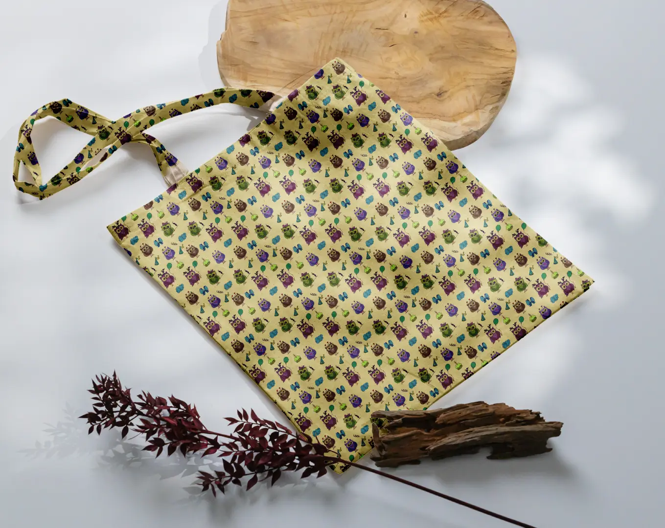 Spooky Owl Beige Yellow Color Canvas Fabric Tote Bag