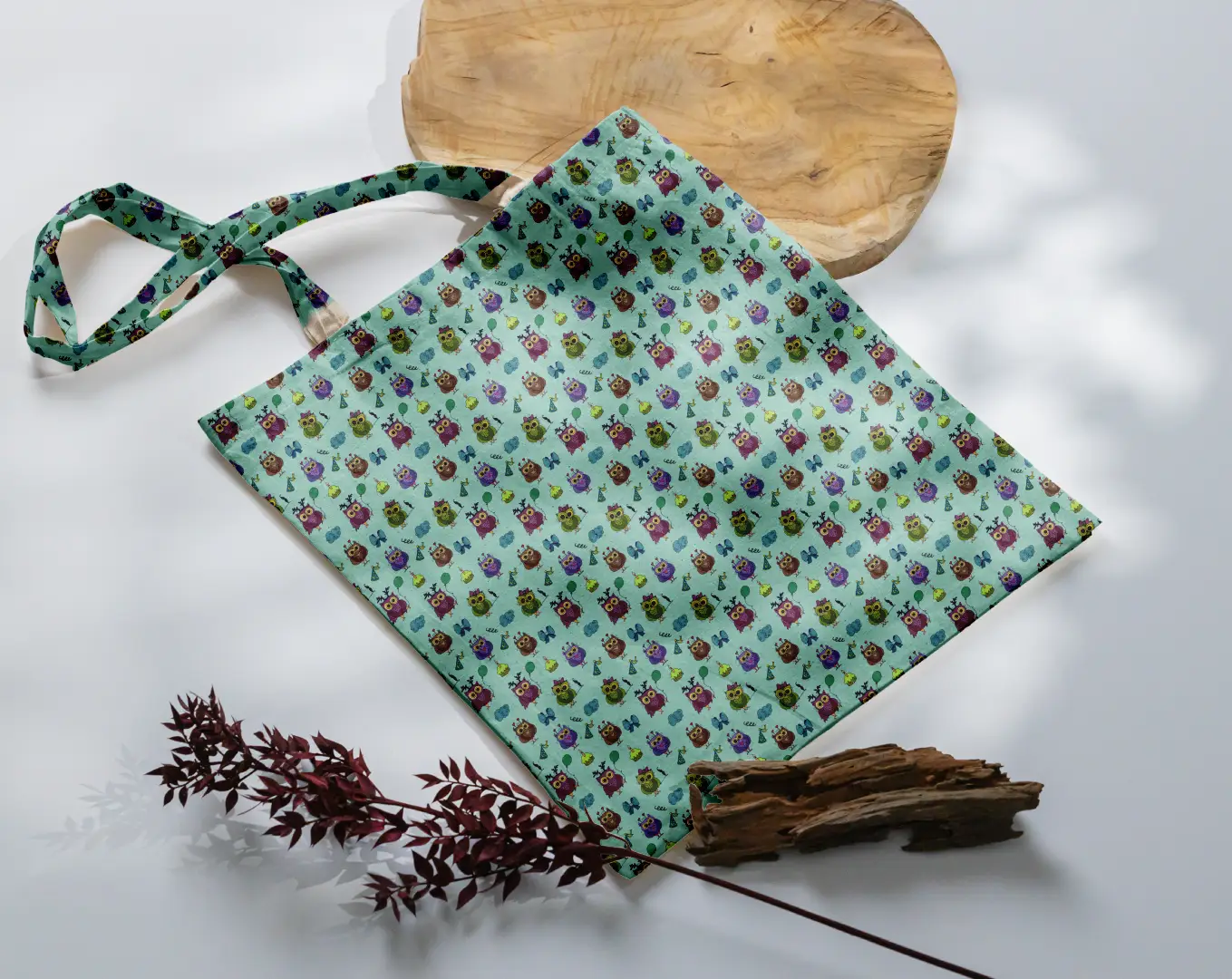 Spooky Owl Cyan Color Canvas Fabric Tote Bag