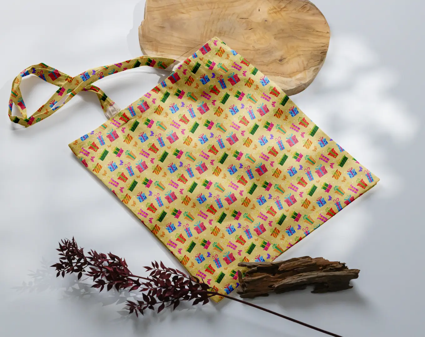 Gifts Goodies Printed Yellow Canvas Fabric Tote Bag