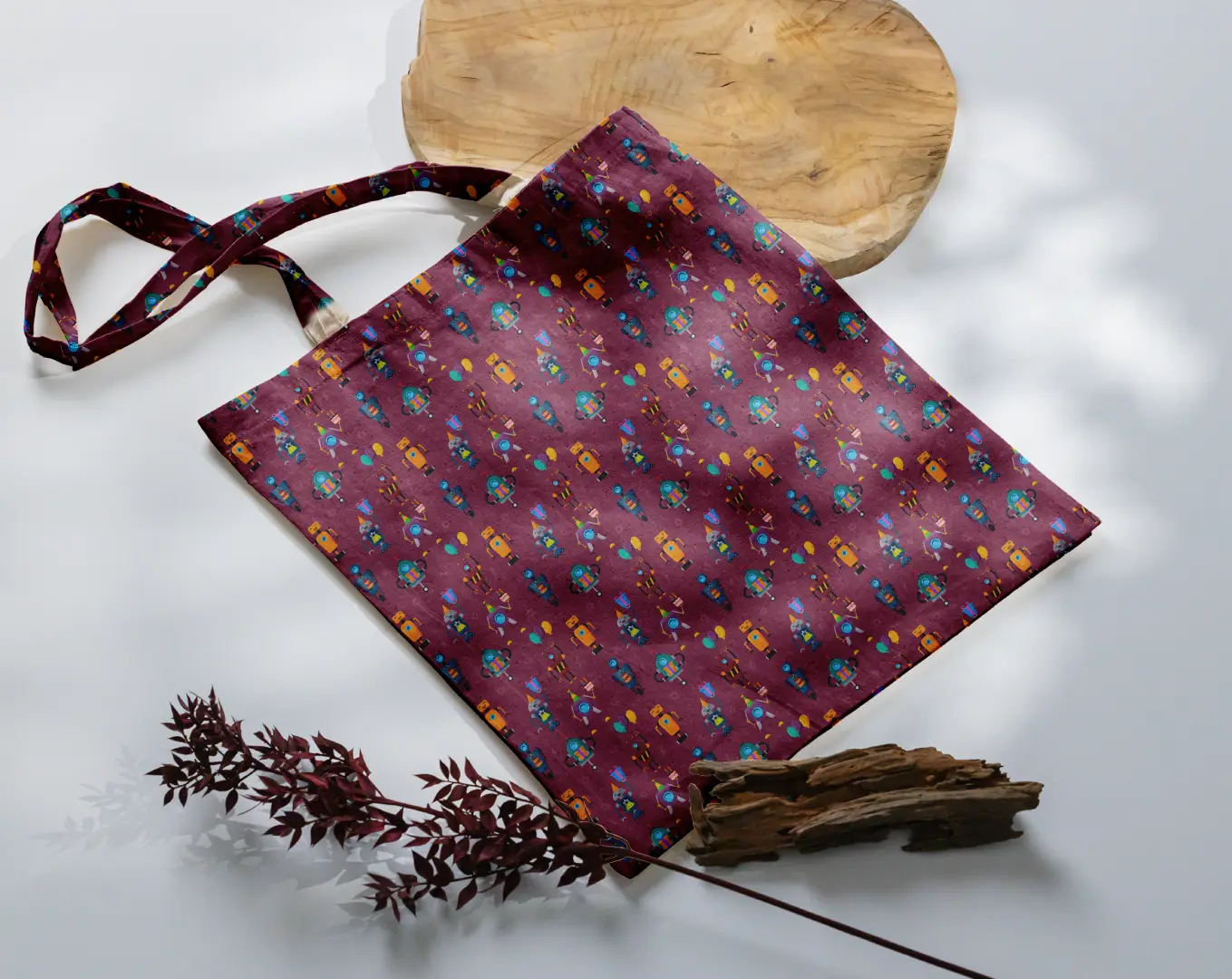 Robots Birthday Printed Brown Canvas Fabric Tote Bag