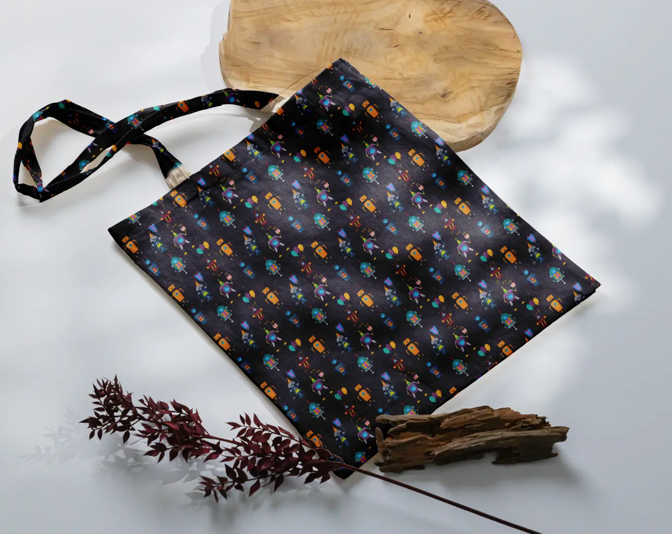 Robots Birthday Printed Black Canvas Fabric Tote Bag