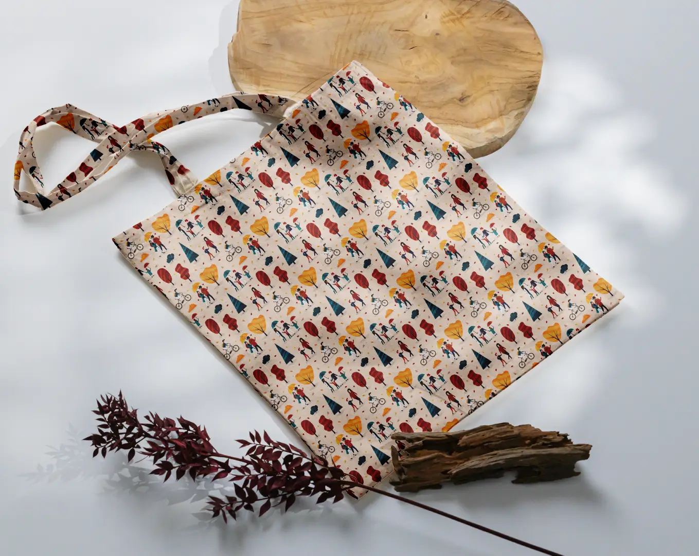 Park Scenery Printed Creamish White Canvas Fabric Tote Bag