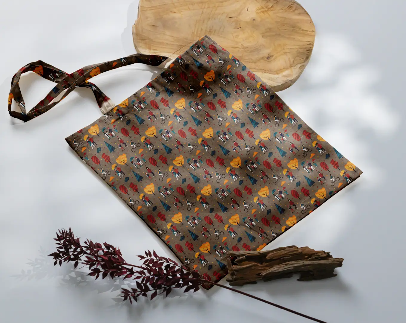 Park Scenery Printed Brown Canvas Fabric Tote Bag