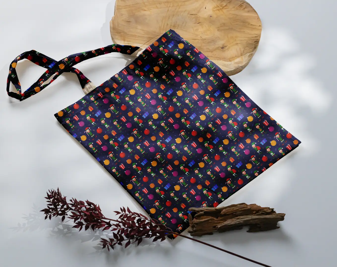 Santa Kid Printed Indigo Color Canvas Fabric Tote Bag