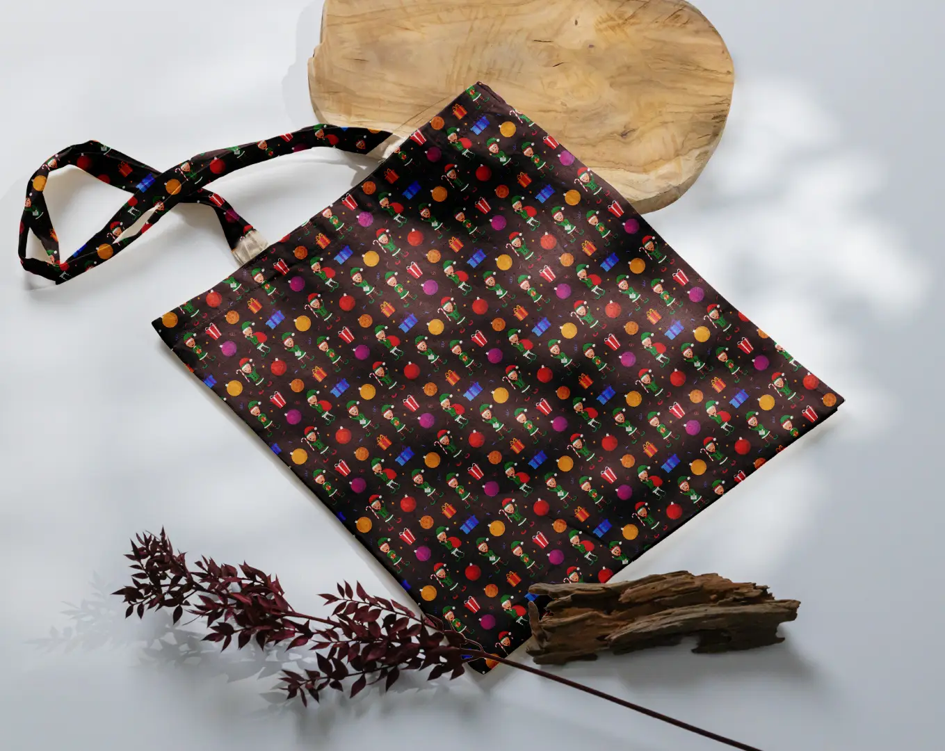 Santa Kid Printed Brown Color Canvas Fabric Tote Bag