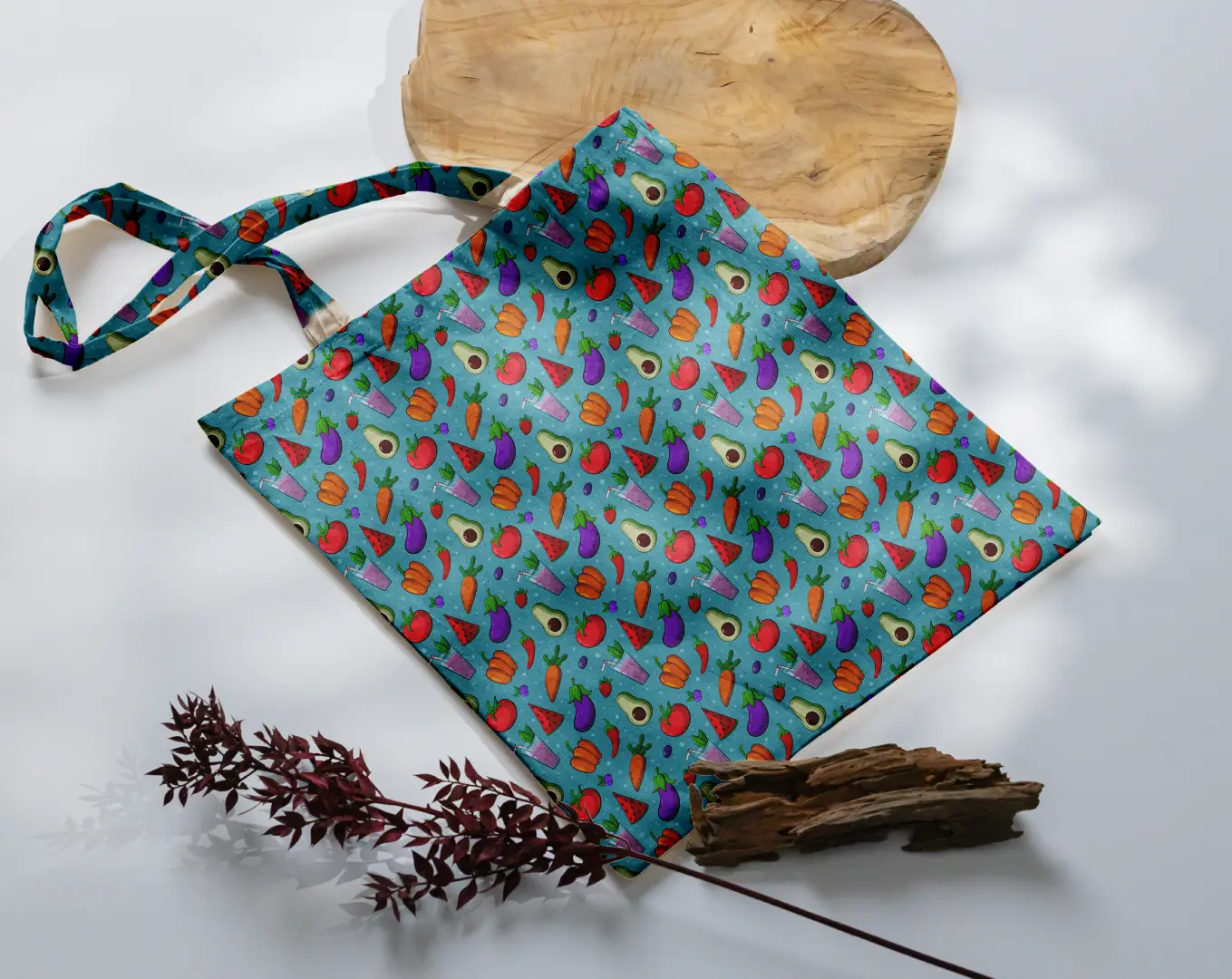 Healthy Foods Printed Teal Color Canvas Fabric Tote Bag