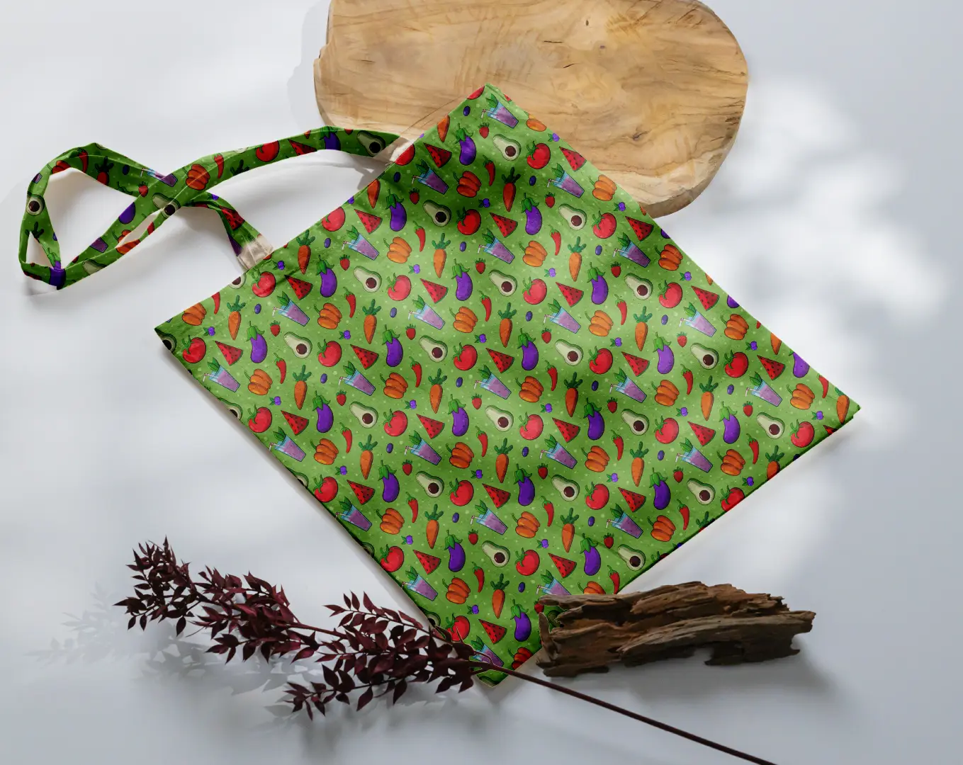 Healthy Foods Printed Green Color Canvas Fabric Tote Bag