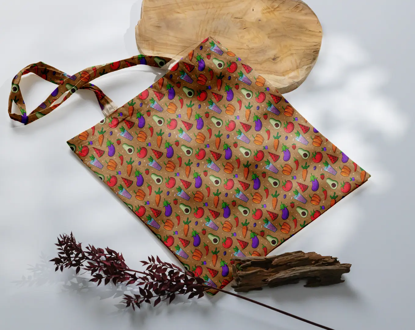 Healthy Foods Printed Brown Color Canvas Fabric Tote Bag