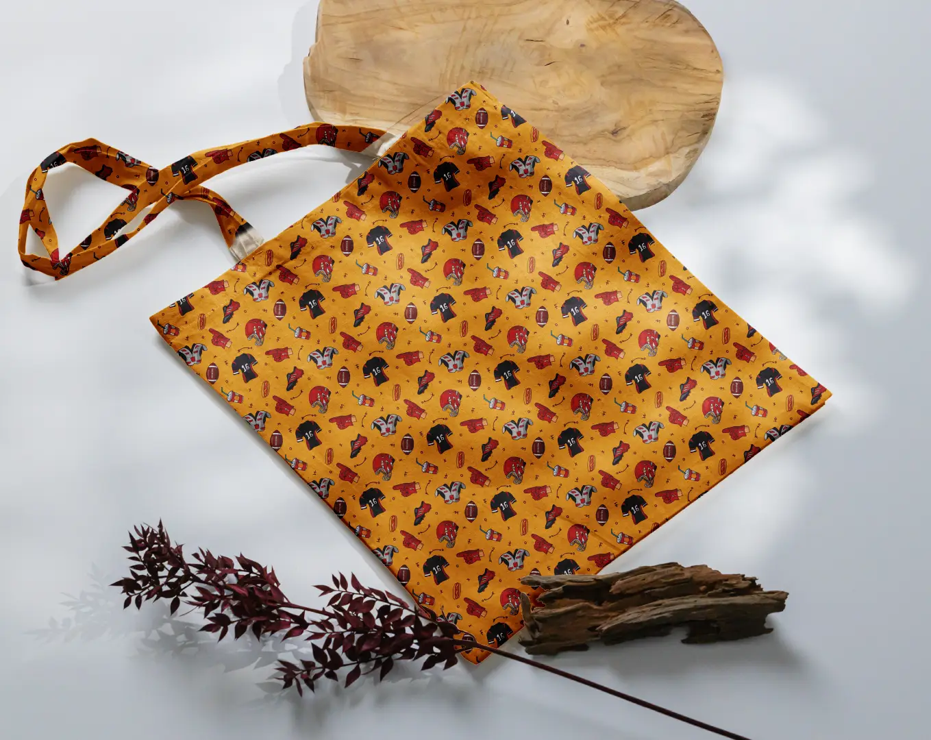 Football Sports Printed Mustard Yellow Color Canvas Fabric Tote Bag