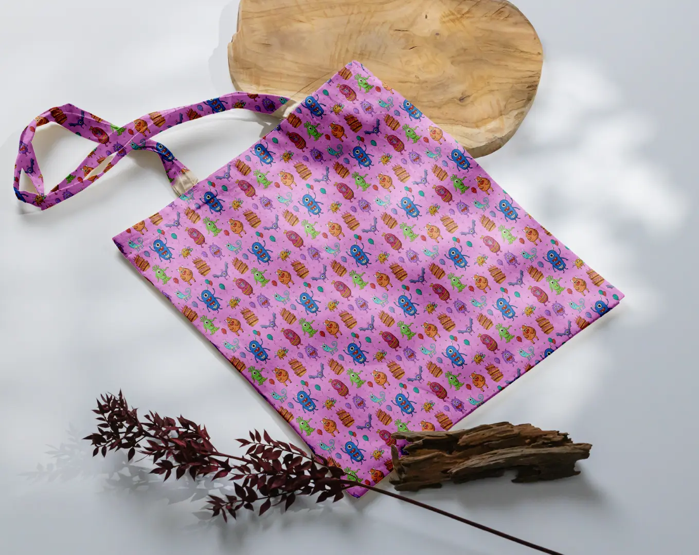 Alien Party Printed Pink Canvas Fabric Tote Bag