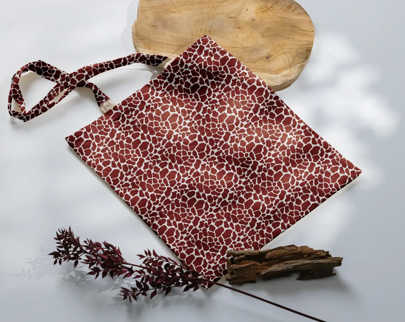 Giraffe Skin Patches Printed Maroon Red Color Canvas Fabric Tote Bag