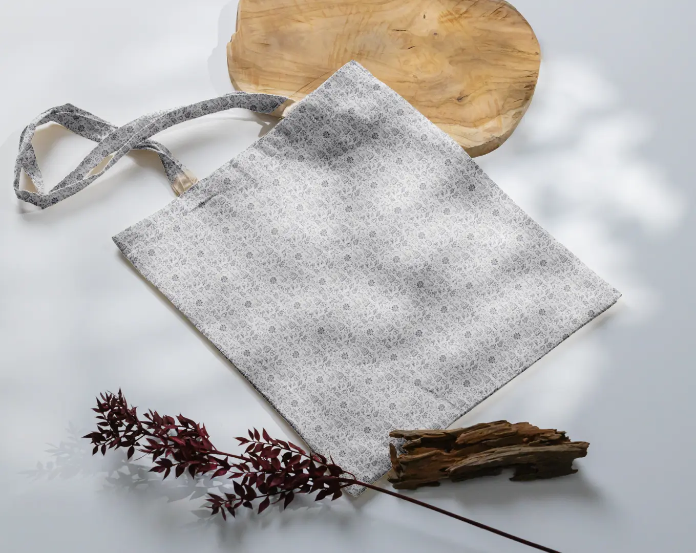 Floral Black White Printed Canvas Fabric Tote Bag