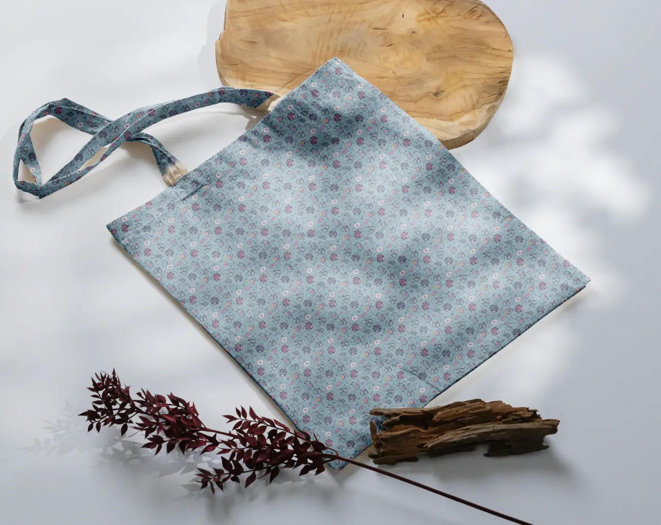 Love Birds Printed Aqua Color Canvas Fabric Tote Bag