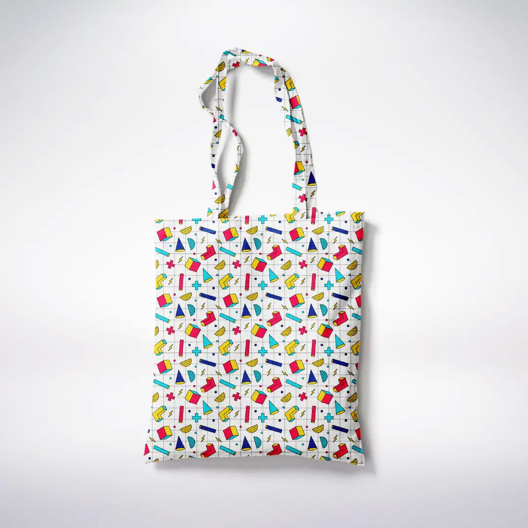 Retro Geometric Shapes Printed White Canvas Fabric Tote Bag - Image 3