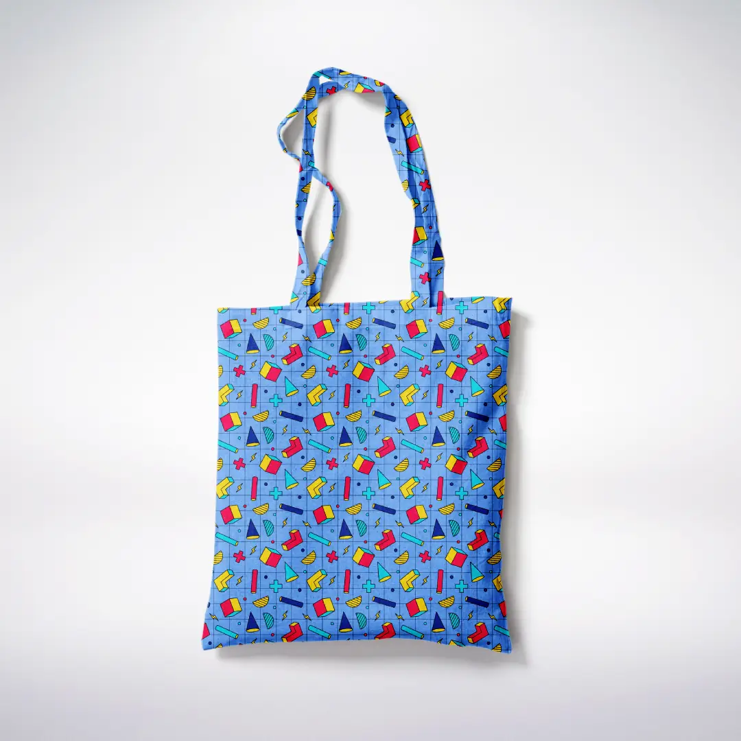 Retro Geometric Shapes Printed Blue Canvas Fabric Tote Bag - Image 3