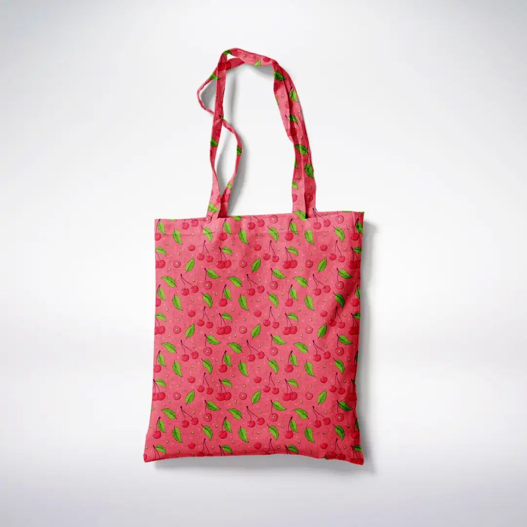 Red Cherry Fruits Printed Canvas Fabric Tote Bag - Image 3