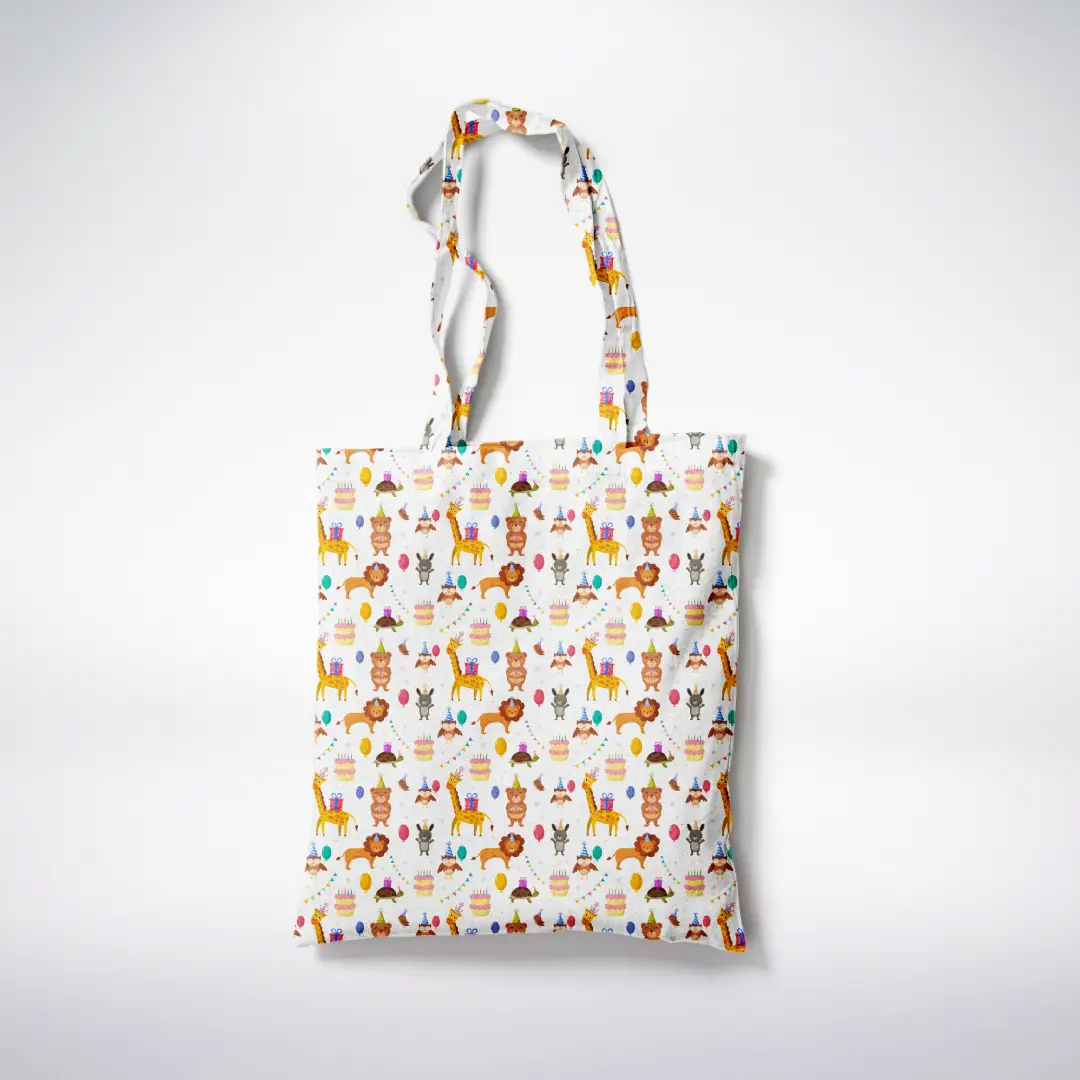 Animal Birthday Party Printed White Canvas Fabric Tote Bag - Image 3