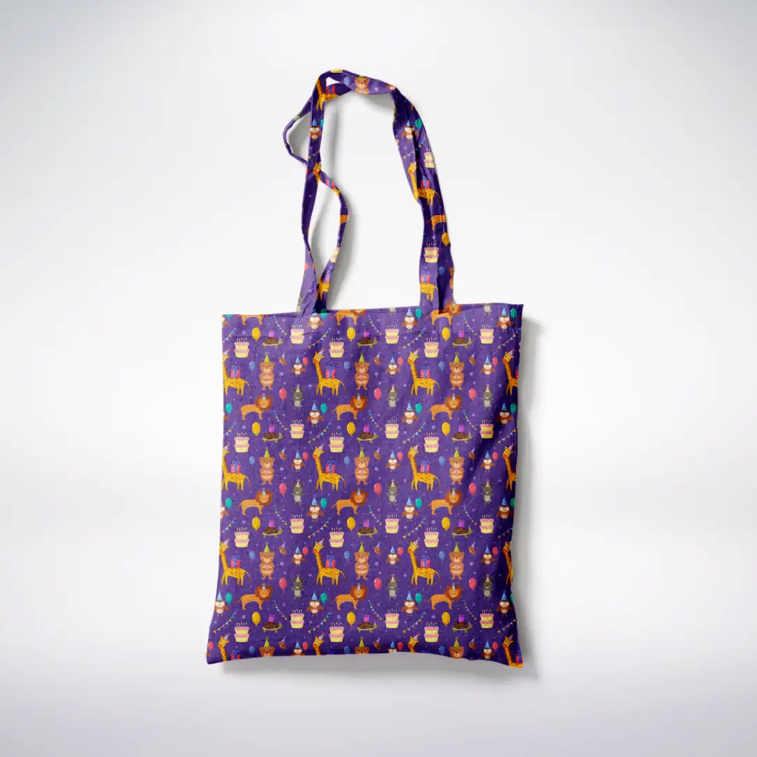 Animal Birthday Party Printed Purple Canvas Fabric Tote Bag - Image 3
