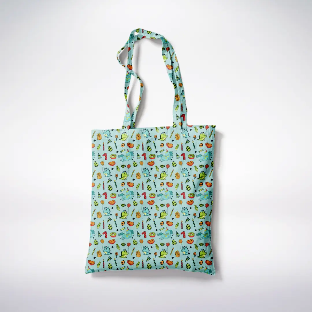 Kids Birthday Printed Mint Color Canvas Fabric Tote Bag - Image 3