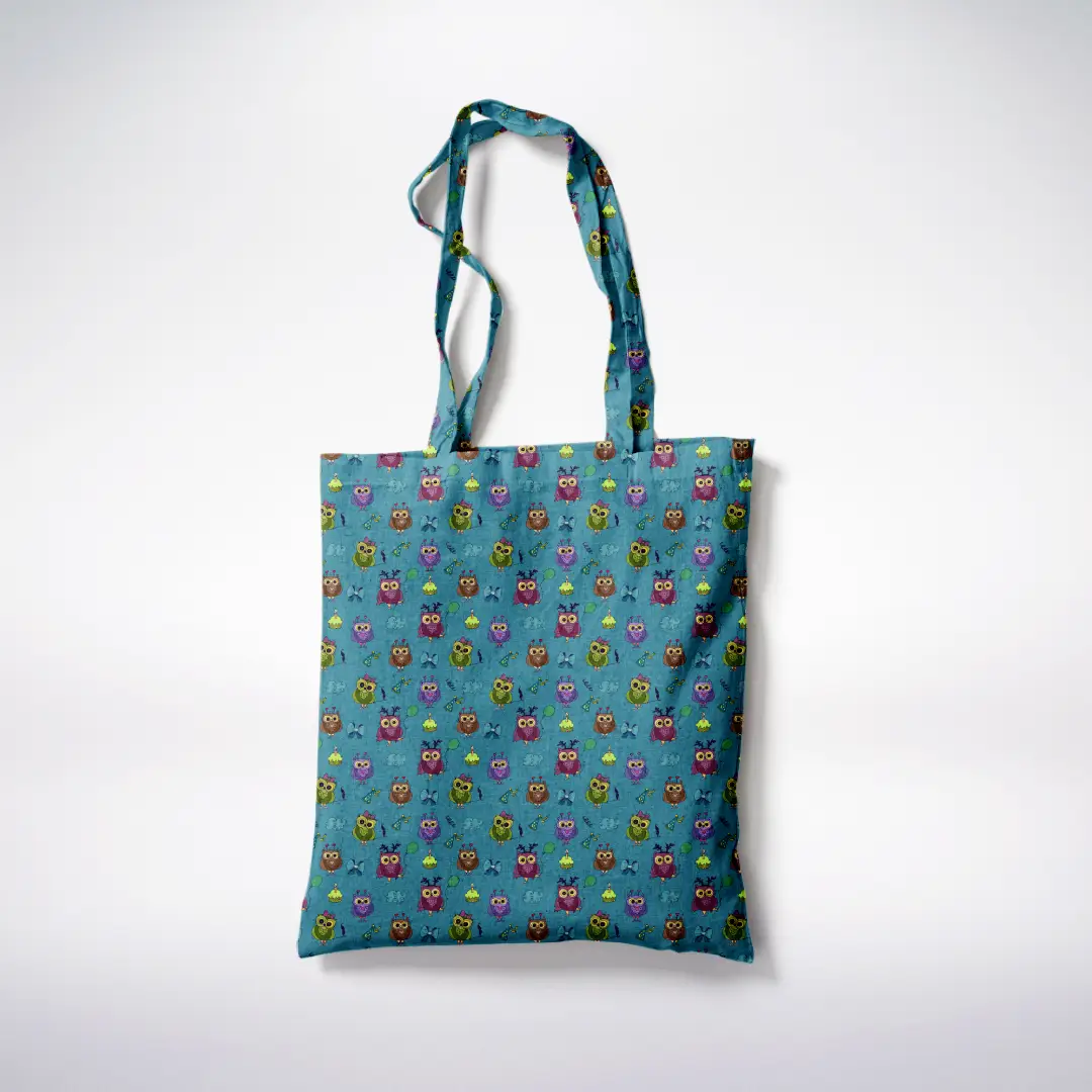 Spooky Owl Teal Color Canvas Fabric Tote Bag - Image 3