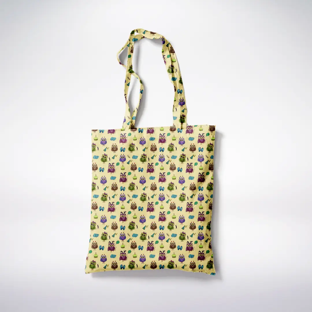 Spooky Owl Beige Yellow Color Canvas Fabric Tote Bag - Image 3