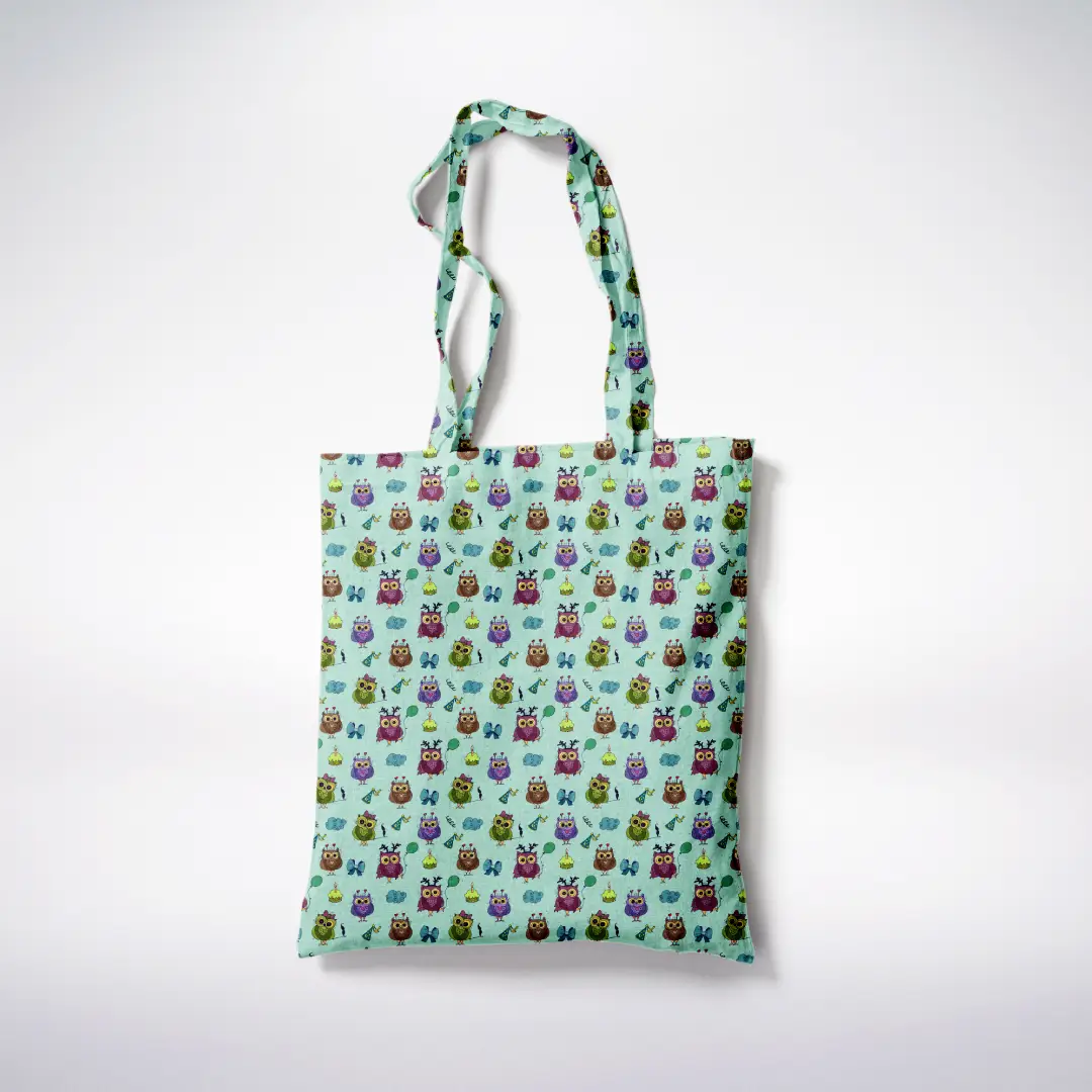 Spooky Owl Cyan Color Canvas Fabric Tote Bag - Image 3
